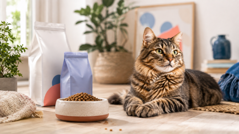Gato con paquetes de comida