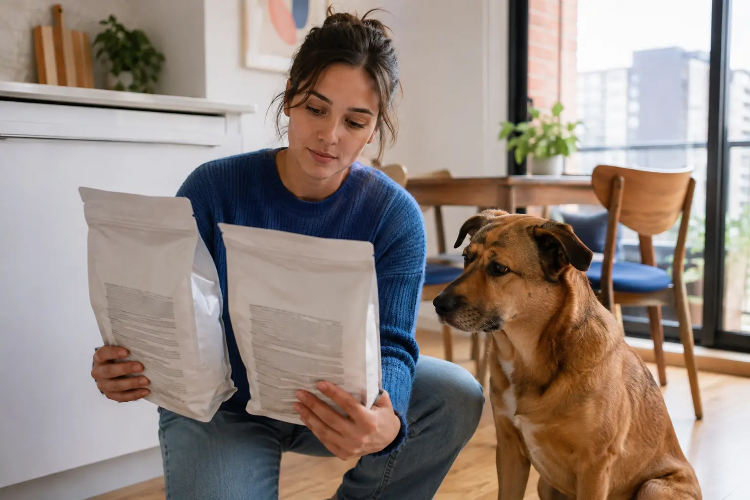 Persona comparando la información de dos bolsas de alimento seco mientras su perro observa