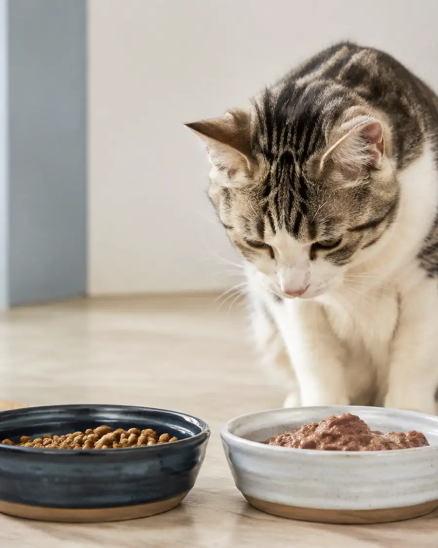 Gato adulto frente a un plato de alimento seco y otro de alimento húmedo
