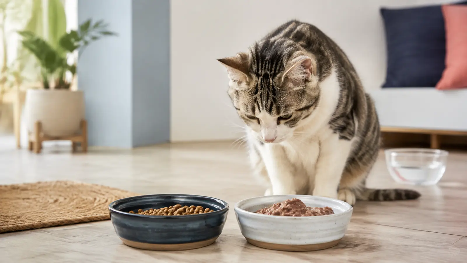 Gato adulto frente a un plato de alimento seco y otro de alimento húmedo
