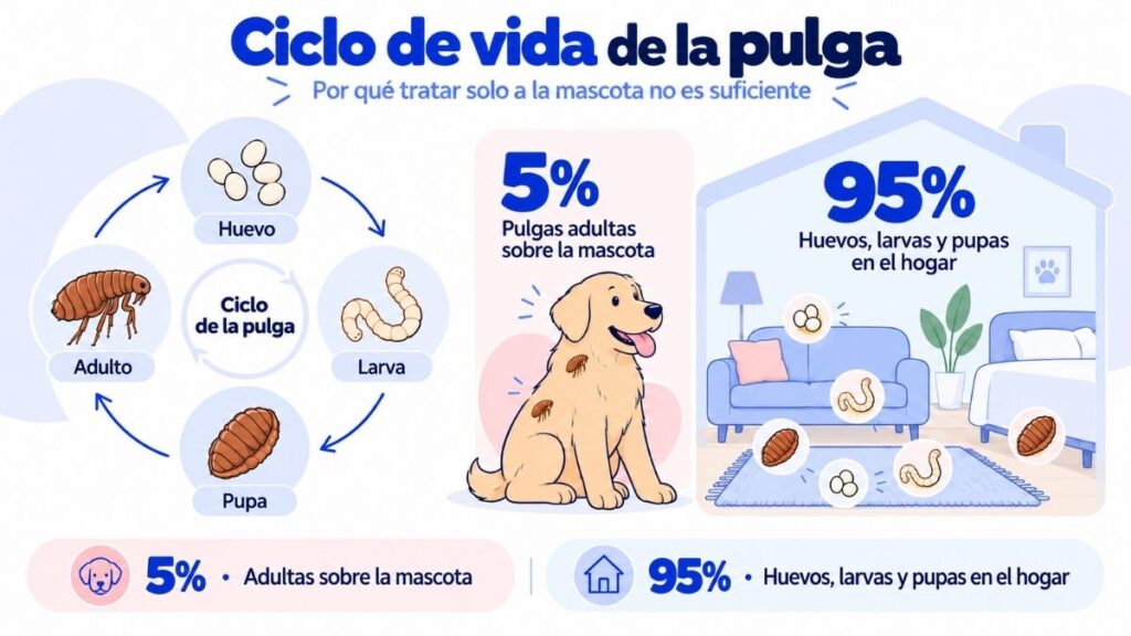 Ciclo de vida de la pulga: por qué la mayoría vive en el hogar y no sobre la mascota