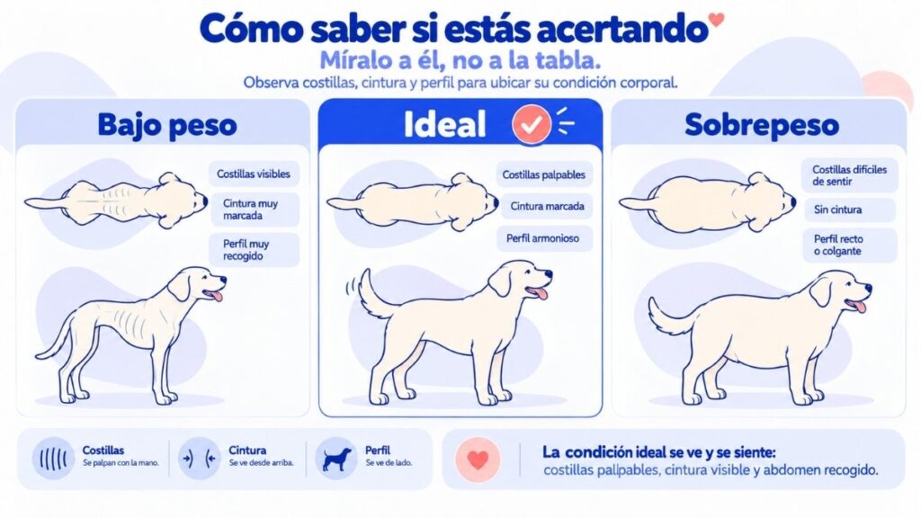 Escala de condición corporal en perros: bajo peso, ideal y sobrepeso vistos desde arriba y de perfil