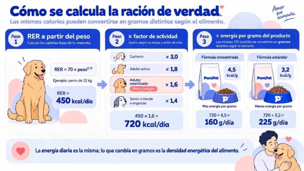 Diagrama de cómo se calcula la ración de un perro: de las calorías diarias a los gramos según la densidad del alimento