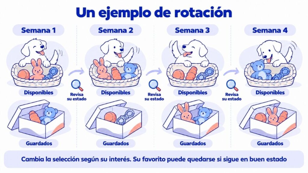 Ejemplo de cuatro semanas alternando juguetes disponibles y guardados, con una revisión en cada cambio.