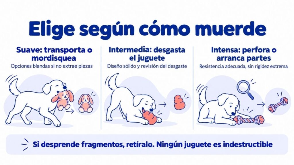 Cachorro con un mordedor, adulto junto a una pelota y perro mayor explorando un dispensador.