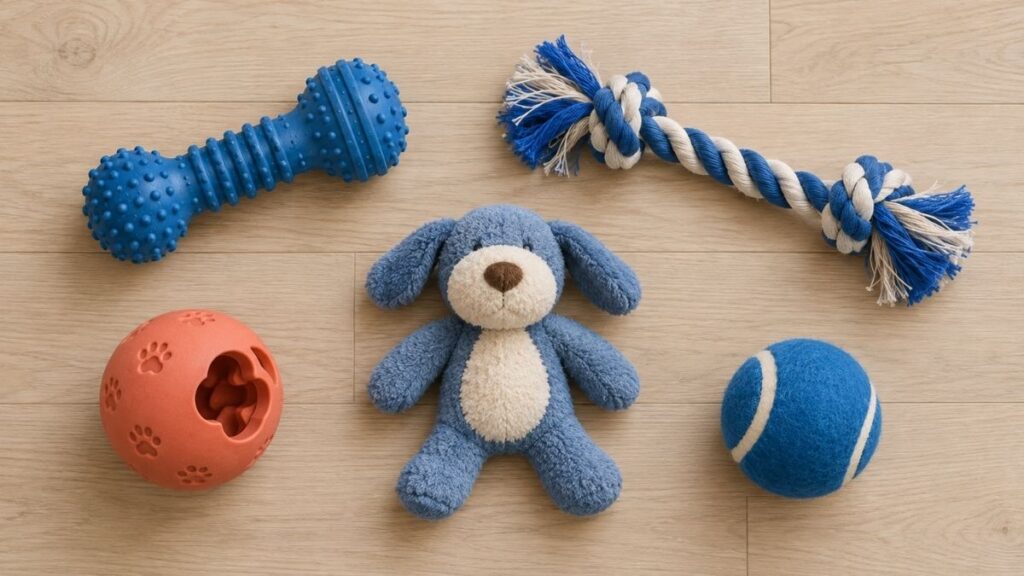 Mordedor, cuerda, peluche, pelota dispensadora y pelota de lanzamiento sobre un fondo claro