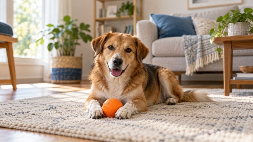 Perro con un juguete naranja entre las patas en una sala.